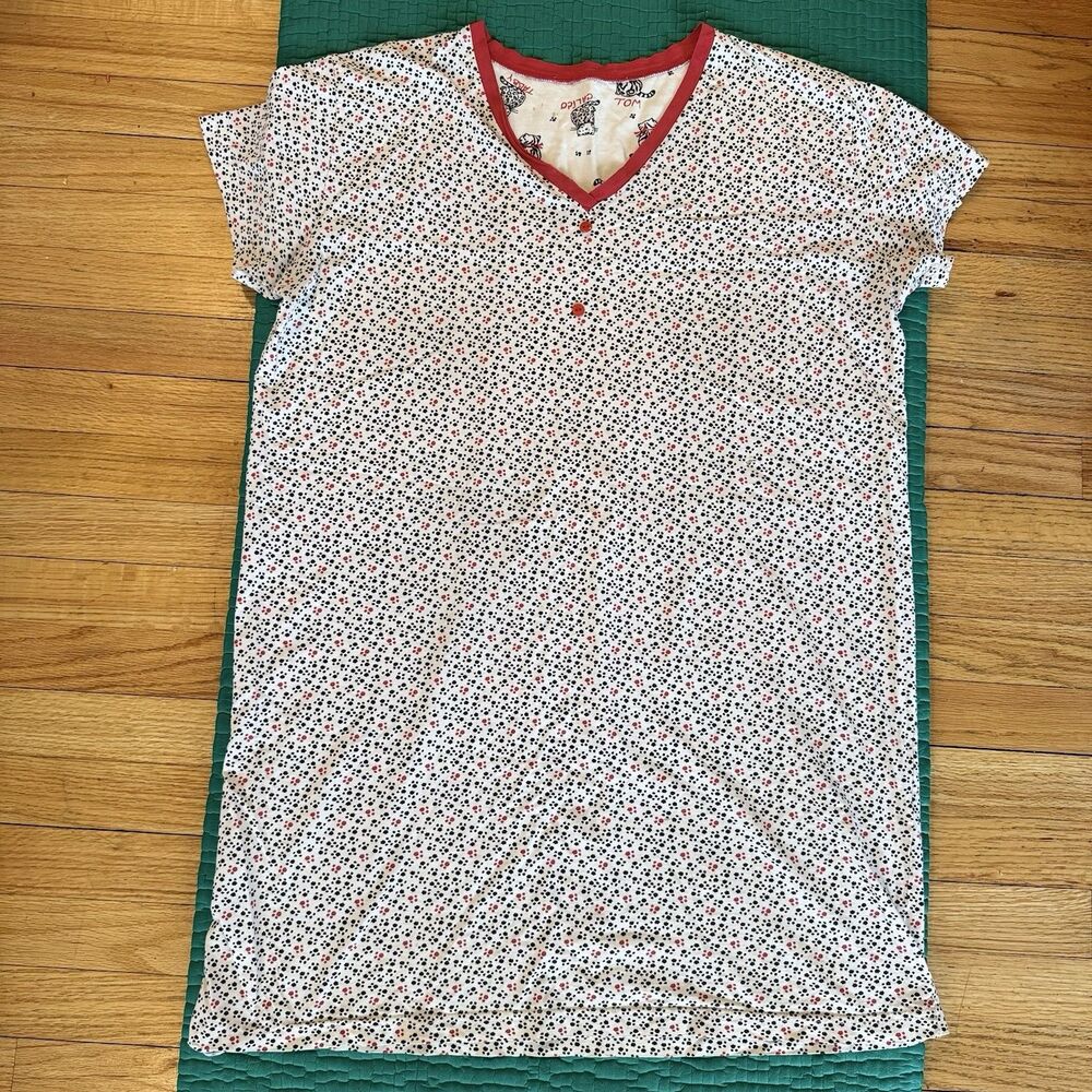 Vintage Cat Paw Print White Red Black Nightgown Sz XL Kitsch Cottage Sleep Dress